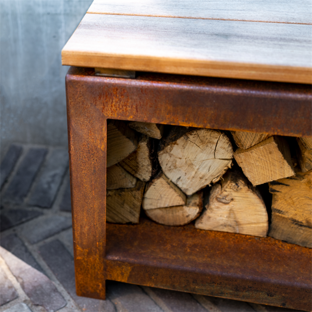  Holzaufbewahrung Mit Sitzfläche - Cortenstahl, 120 X 40 X 43 Cm