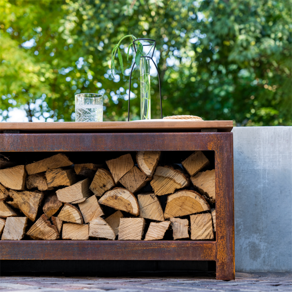  Holzaufbewahrung Mit Sitzfläche - Cortenstahl, 120 X 40 X 43 Cm