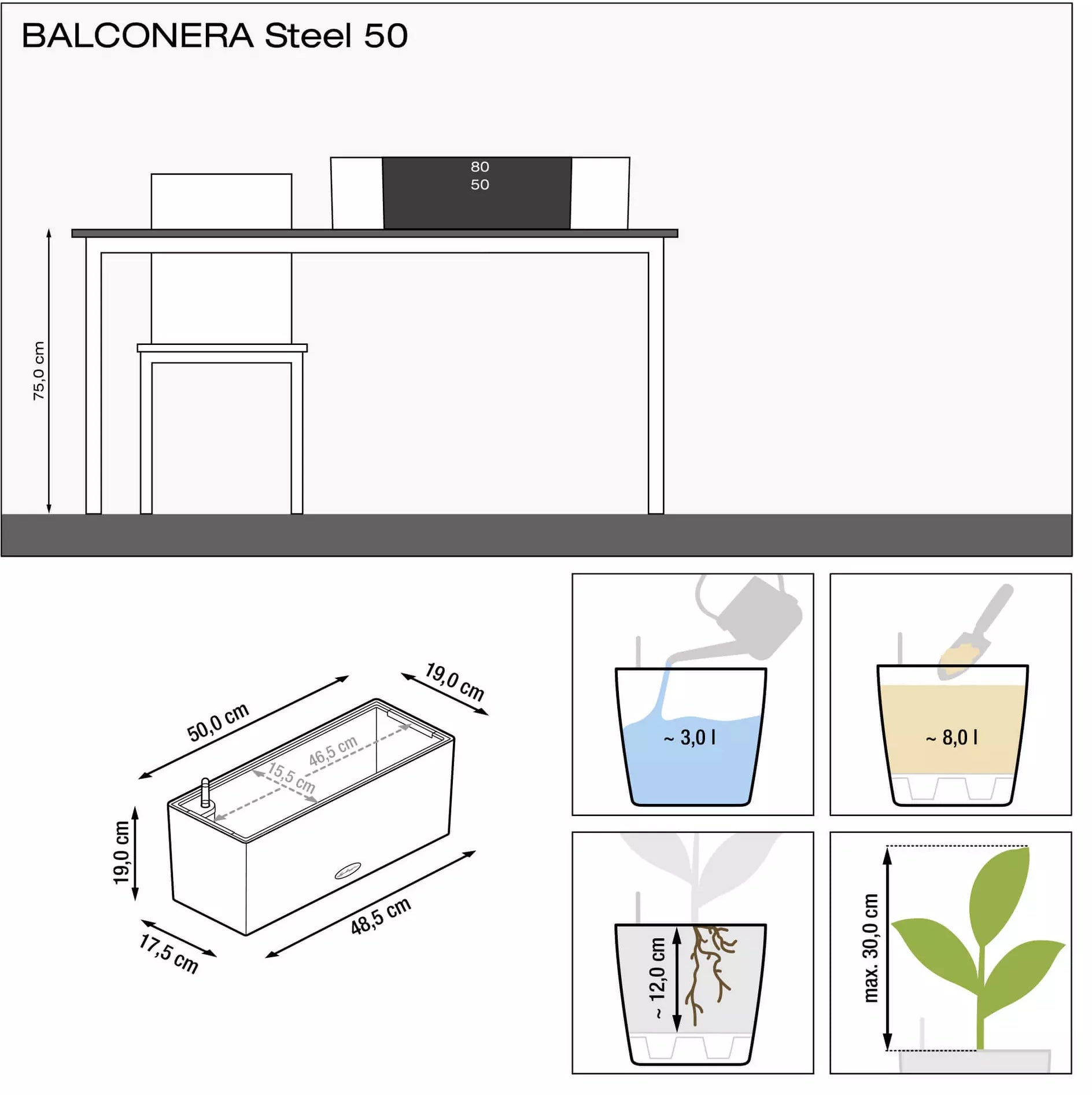 LECHUZA Pflanzgefäß BALCONERA Steel, 50 Cm