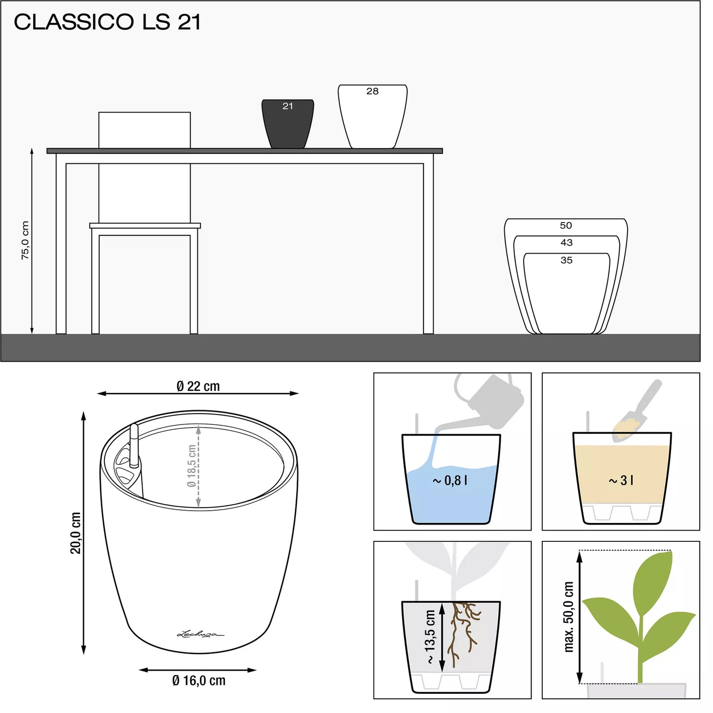 LECHUZA Pflanzgefäß CLASSICO Color LS 21, Schiefergrau