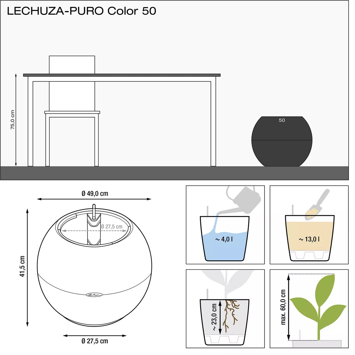 LECHUZA Pflanzgefäß PURO Color 50, Weiß, Weiß