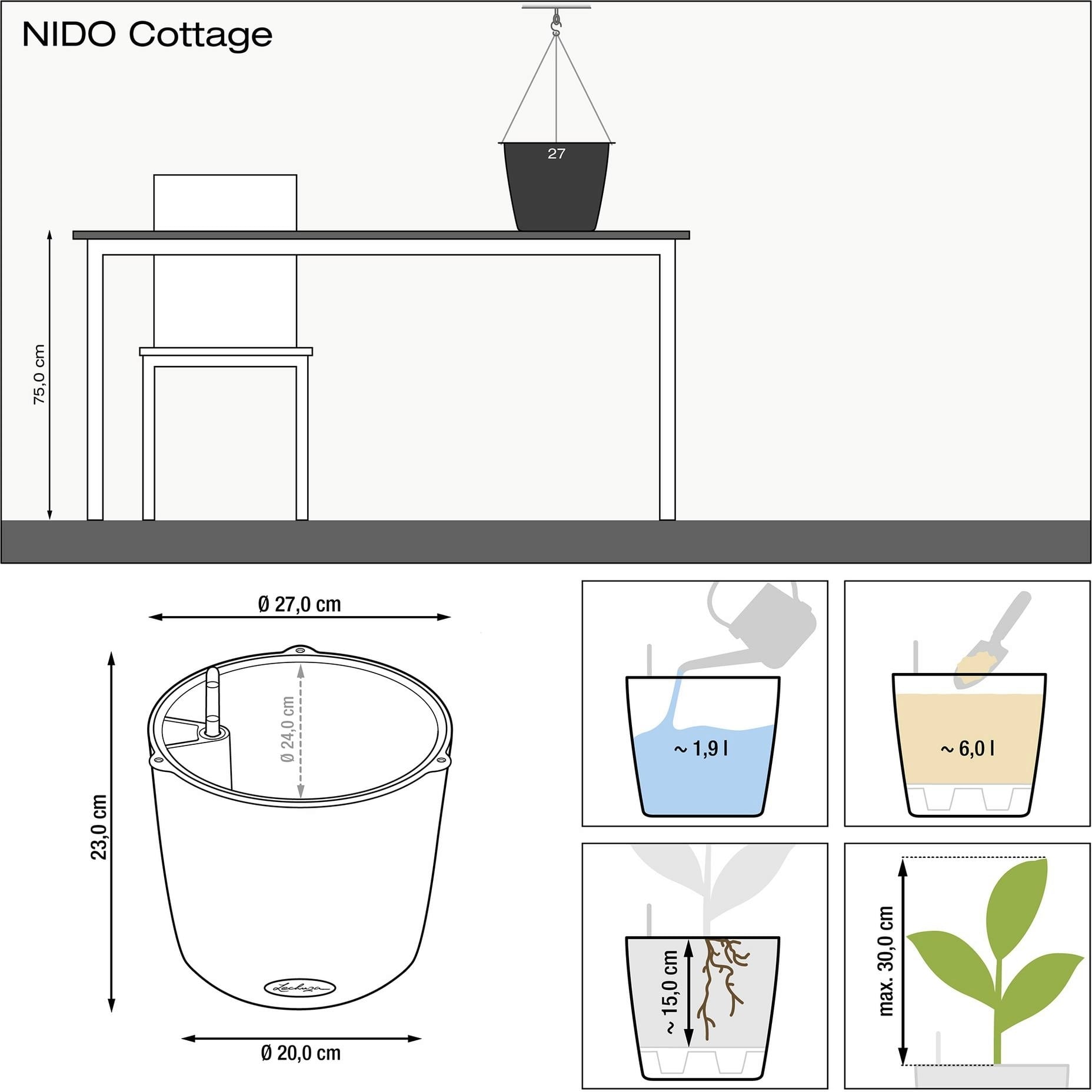 LECHUZA Blumenampel NIDO Cottage 28, Granit