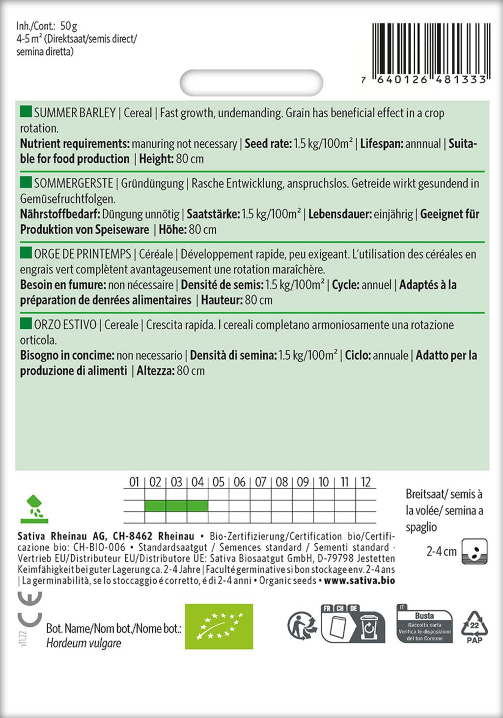 Bio Getreide "Sommergerste"