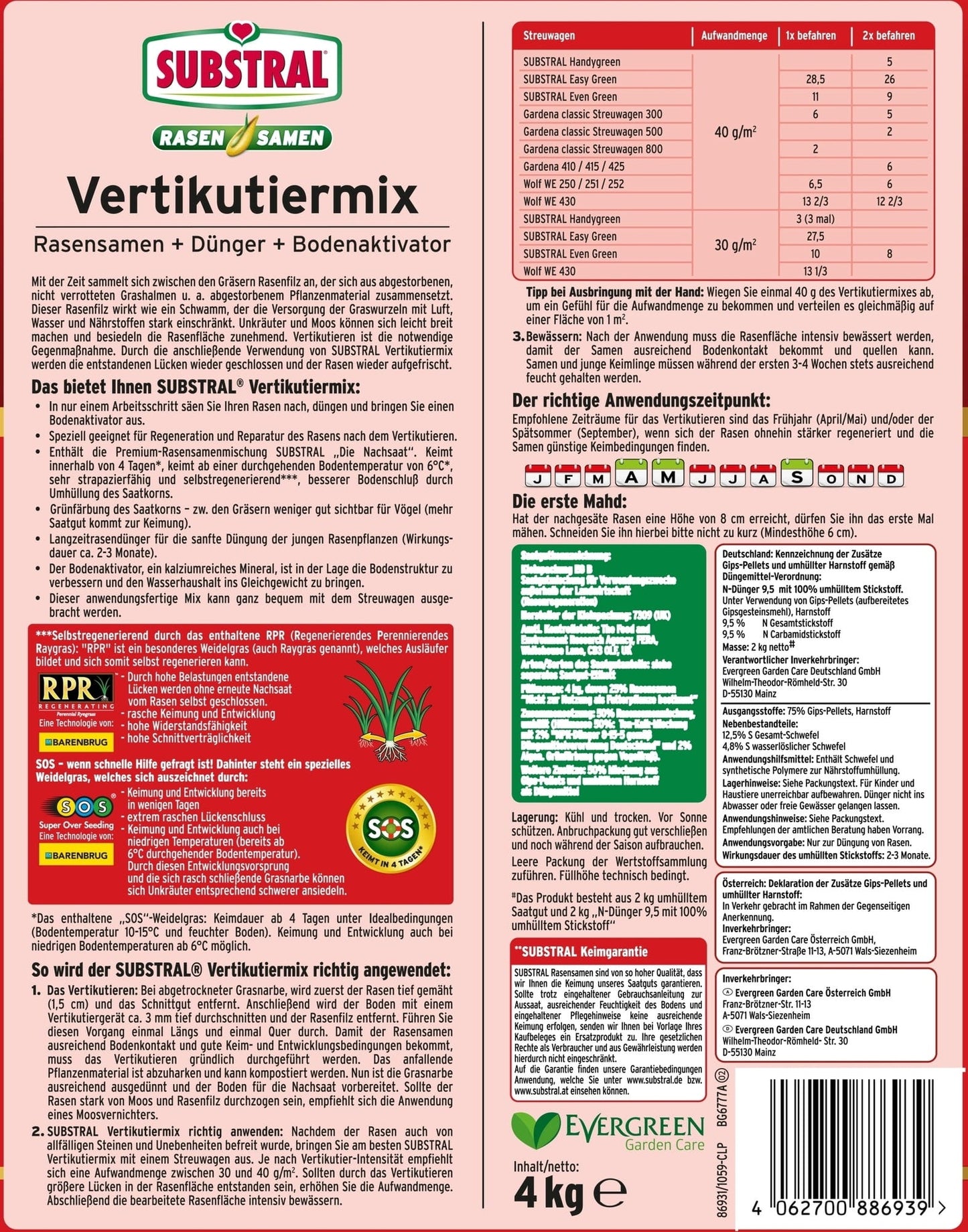  Vertikutiermix Rasenreparatur-Mischung Aus Rasensamen, Dünger Und Bodenaktivator, 4 Kg